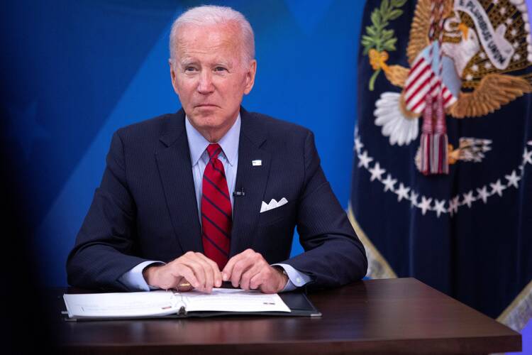 President Joe Biden, in red tie and blue suit, participates in a virtual meeting on reproductive health care in front of a blue background at a desk.