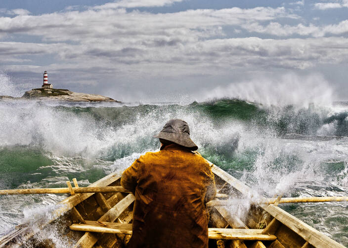 old man and the sea in a skiff stock photo
