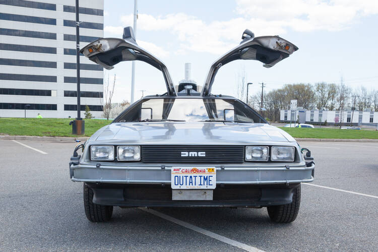 A picture of the Dolorean from the film "Back to the Future"