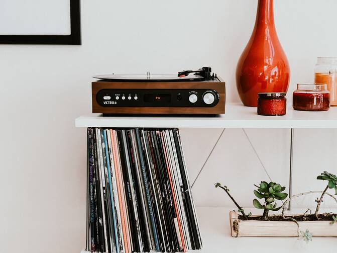 Record player sitting on shelf