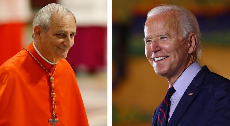 Headshots of Cardinal Zuppi and President Biden