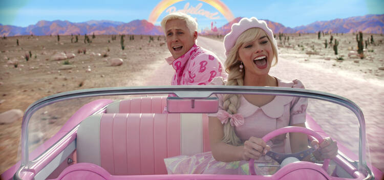 Ryan Gosling, left, and Margot Robbie in a scene from "Barbie." 