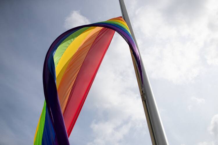 A rainbow pride flag is pictured with a blue sky in the background