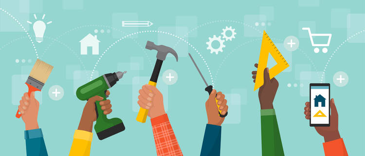 A cartoon depicts a row of hands holding different tools, including a hammer, a drill and a screwdriver.
