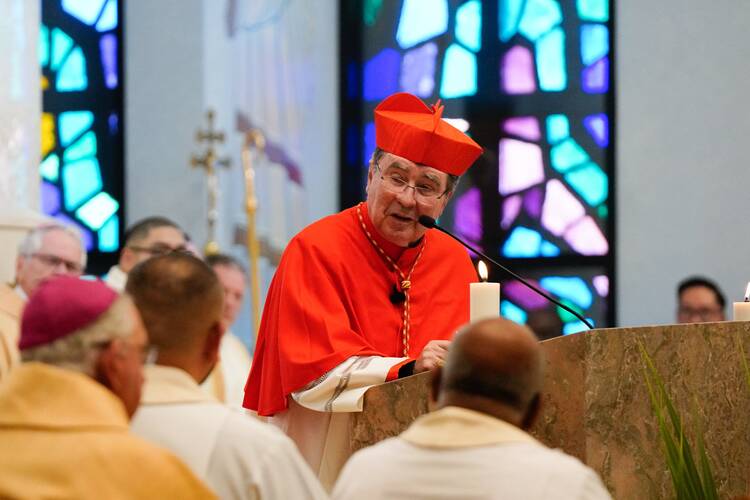 Cardinal Christophe Pierre, nuncio to the United States, speaks during a Mass for the announcement of elevating the Diocese of Las Vegas to an archdiocese at the Shrine of the Most Holy Redeemer in Las Vegas Oct. 16, 2023. (OSV News photo/Robin Jerstad, Archdiocese of Las Vegas)