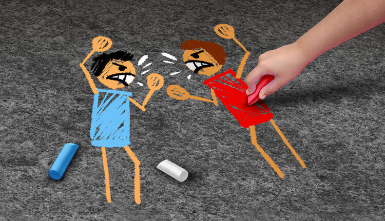 Chalk drawing of stick figures wearing blue and red shirts and arguing with each other(iStock/wildpixel)