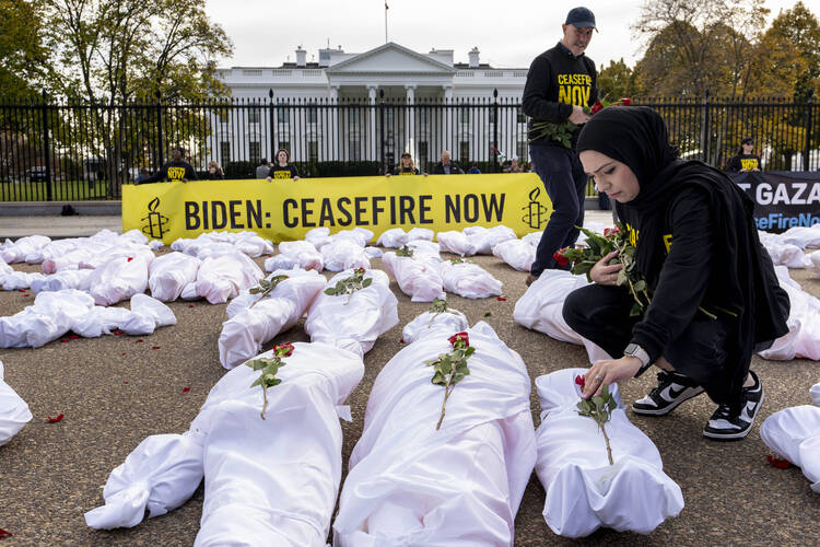 A large banner that says "Biden Ceasefire Now" is displayed as Isra Chaker with Amnesty International USA puts roses on fake white body bags, representing those killed in the escalating conflict in Gaza and Israel, in front of the White House, Wednesday, Nov. 15, 2023, in Washington. (AP Photo/Andrew Harnik)