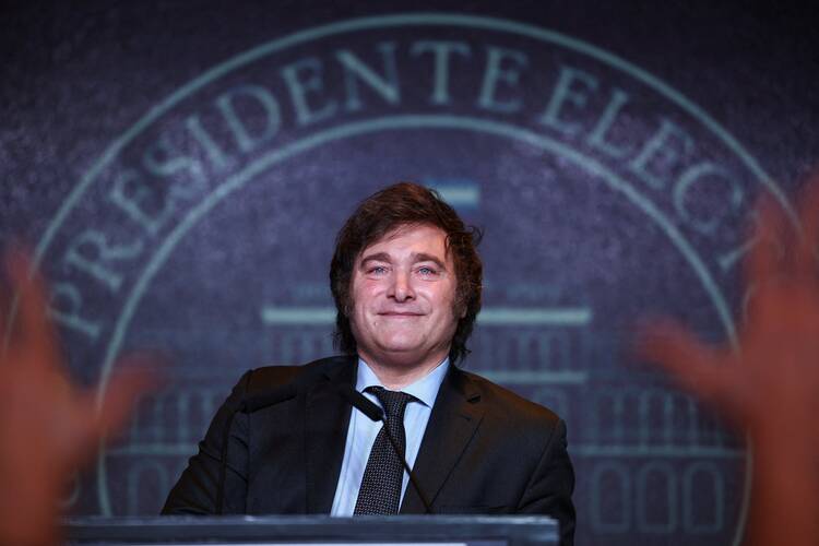 Argentine President-elect Javier Milei addresses supporters in Buenos Aires on Nov. 19