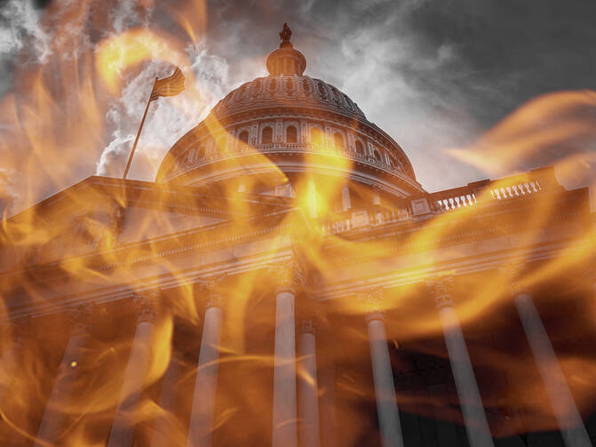 Flames are seen in front of the U.S. Capitol in this photo illustration. (iStock/Douglas Rissing)