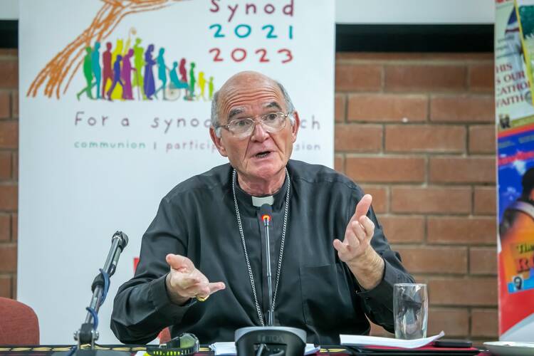 Cardinal Stephen Brislin addresses the press on Jan. 30, describing the position of the Southern African Catholic Bishops’ Conference on the Vatican declaration, “Fiducia Supplicans.” Photo courtesy of SACBC Communications Office.