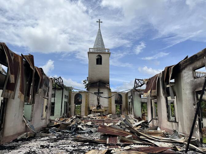 The destroyed St. Matthew Church is pictured in Myanmar's eastern Kayah State in Daw Ngay Ku village on June 27, 2022. The church was reportedly blown up by landmines and torched by Myanmar’s military junta. (CNS photo/courtesy Amnesty International)