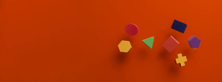 Image of multicolored shapes against a red background 