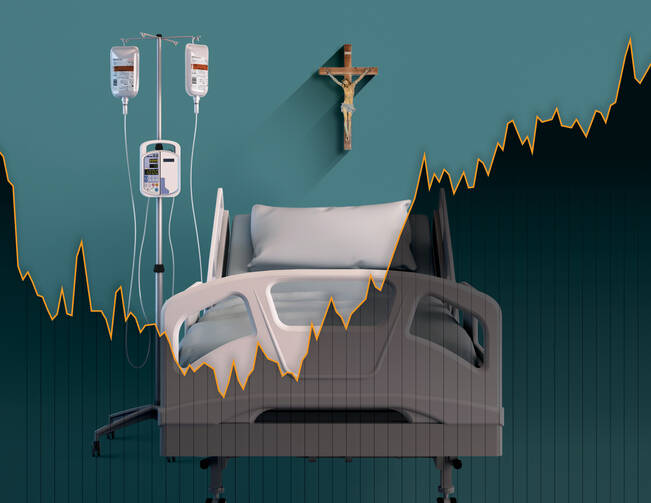 A graphic illustration of a hospital bed with a cross on the wall 