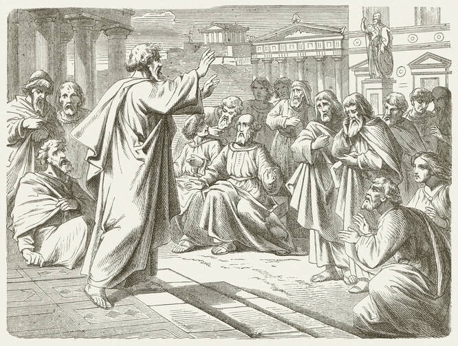 “Paul Preaches in Athens,” woodcut from a drawing by Julius Schnorr von Carolsfeld (1794-1872), via iStock/ZU_09