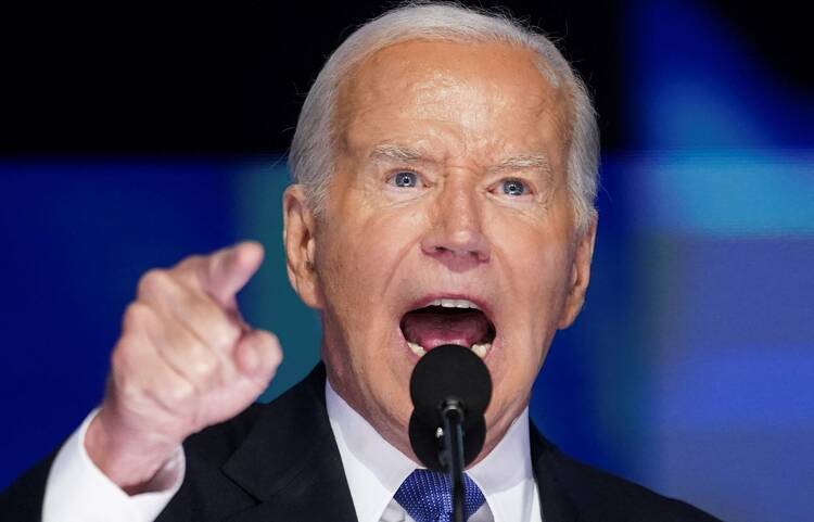 U.S. President Joe Biden speaks at the Democratic National Convention in Chicago on Aug. 19, 2024. (OSV News photo/Kevin Lamarque, Reuters)