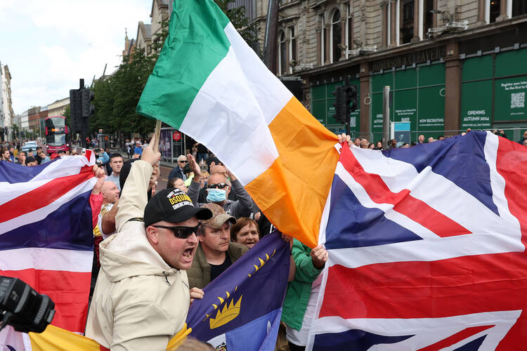 Protesters from the Republic of Ireland joined loyalists groups in anti-immigrant demonstrations that led to street violence in Belfast in early August. Photograph by Declan Roughan/Press Eye