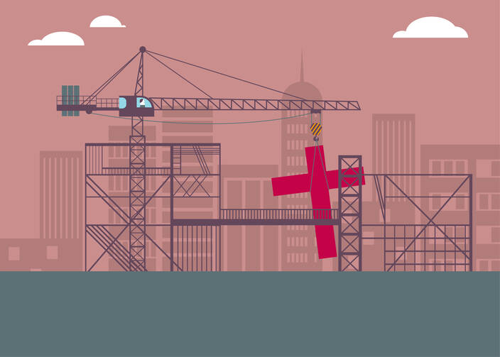 Pink-shaded illustration of a city skyline with a crane in the foreground lifting a building-size red cross.