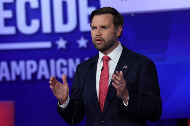 Republican vice presidential nominee Sen. JD Vance of Ohio, gestures during his first and only debate with Minnesota Gov. Tim Walz, the Democratic vice presidential nominee, at the CBS Broadcast Center in New York City Oct. 1, 2024. (OSV News photo/Mike Segar, Reuters)