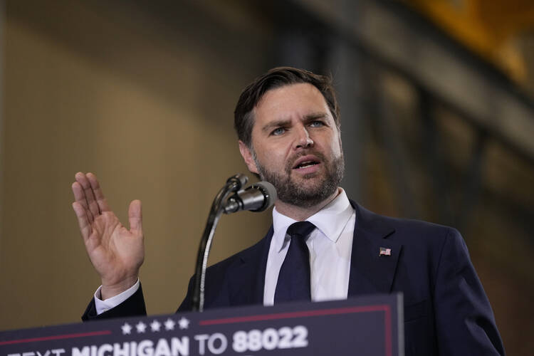 Republican vice presidential nominee Sen. JD Vance speaks at a campaign event on Oct. 2 in Auburn Hills, Mich. (AP Photo/Carlos Osorio)