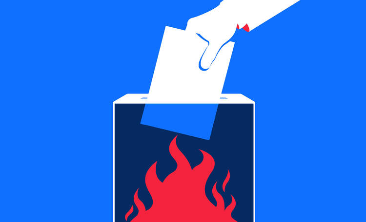 Illustration of a hand dropping a ballot into a box that has flames inside.