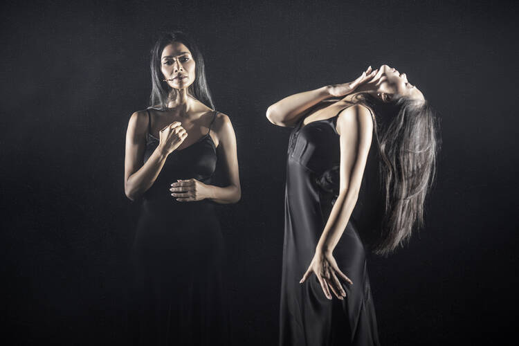 Nicole Scherzinger as ‘Norma Desmond’ and Hannah Yun Chamberlain as ‘Young Norma’ in “Sunset Blvd” on Broadway at the St. James Theatre (photo: Marc Brenner).