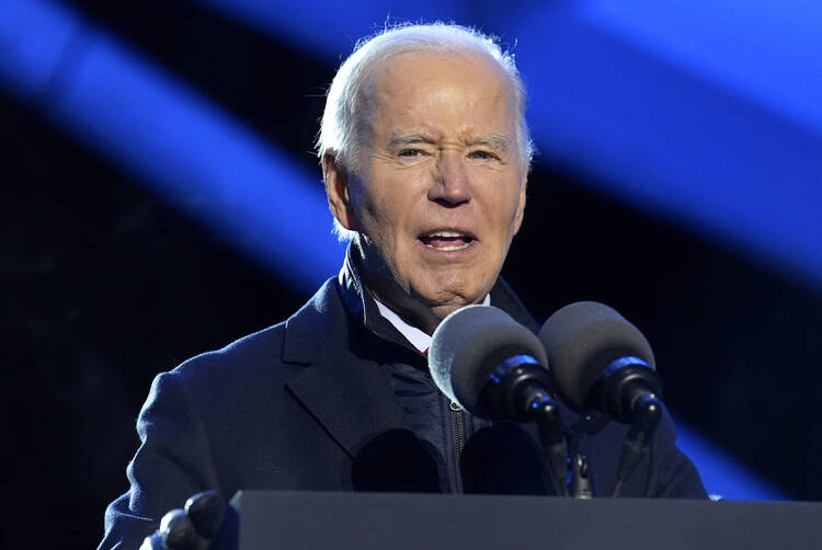 President Joe Biden speaks at the lighting of the National Christmas Tree near the White House on Dec. 5, 2024. Catholic Mobilizing Network has initiated a national petition for Catholics to urge President Biden to commute the sentences of all 40 men currently on federal death row. (AP Photo/Jacquelyn Martin)