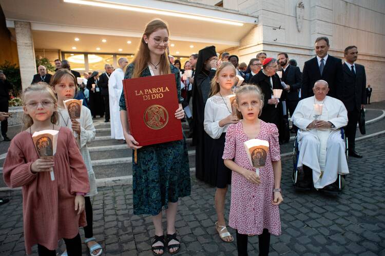 Julia Oseka, center, a delegate to the Synod on Synodality and a student at St. Joseph’s University in Philadelphia, leads Pope Francis and others in an ecumenical prayer at the Vatican on Oct. 11, 2024. (CNS photo/Vatican Media)