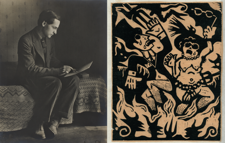 Photo of Jean Charlot, ca. 1923, by Tina Modotti; woodcut of “Rich People in Hell” by Jean Charlot (Copyright the Jean Charlot Estate LLC. With permission) 