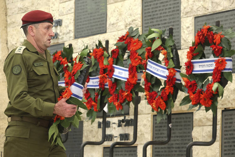 Chief of the General Staff Lieutenant-General Herzi Halevi places a wreath during a memorial ceremony marking the Hebrew calendar anniversary of the 2023 Hamas attack at the Mount Herzl military cemetery in Jerusalem, Israel, on Oct. 27, 2024. (Gil Cohen-Magen/Pool Photo via AP, File)