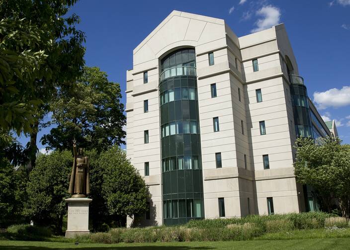 The headquarters of the U.S. Conference of Catholic Bishops is seen in Washington in this file photo. The USCCB announced Feb. 7, 2025, it will lay off a third of its migration staff after President Donald Trump's suspension of refugee resettlement program. (OSV News photo/Tyler Orsburn, CNS file)