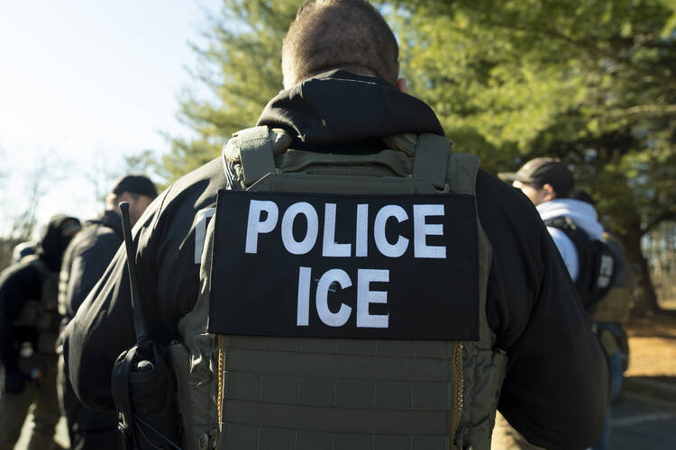 A uniformed U.S. Immigration and Customs Enforcement field officer, seen from behind, in Silver Spring, Md., on Jan. 27, 2025 (AP Photo/Alex Brandon)