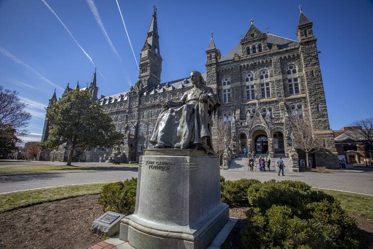 A statue of Baltimore Archbishop John Carroll, the first Catholic bishop in the United States and founder of Georgetown University, is seen on the Jesuit-run school's Washington campus on March 3, 2022. (OSV News photo/CNS file, Chaz Muth)