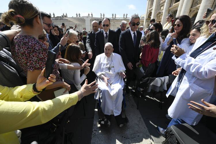 Pope Francis greets the faithful in St. Peter's Square at the end of the closing Mass for the Jubilee of the Sick and Health Care Workers at the Vatican on April 6, 2025. (CNS photo/Pablo Esparza)