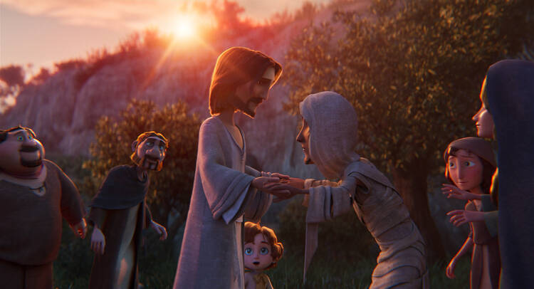 A still image from the animated film ‘King of Kings’ showing Jesus with a risen Lazarus 