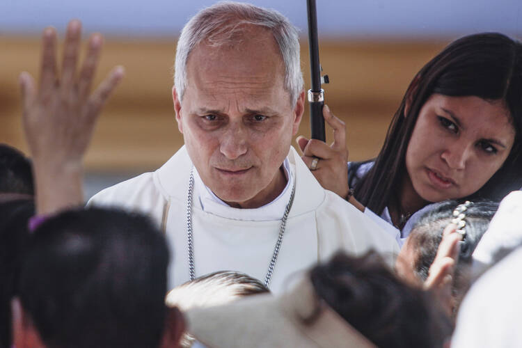 Pope Leo XIV, then Bishop Robert Prevost, celebrates a Mass in Motupe, Peru, on Aug. 5, 2018. (AP Photo/Julio Reano)