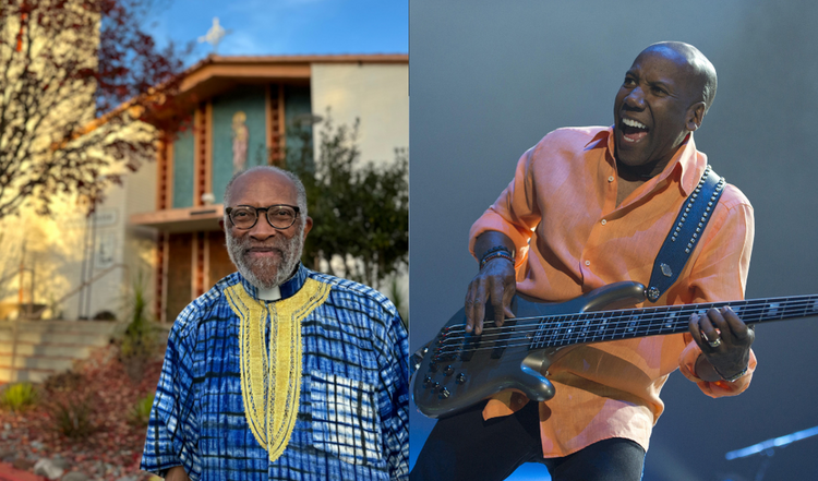 Monsignor Ray East, left, in front of St. Teresa of Avila Catholic Church in Washington, D.C.; Nathan East performs with Toto in Amsterdam on June 8, 2013 (photos: Nathan East/WENN Rights Ltd/Alamy)