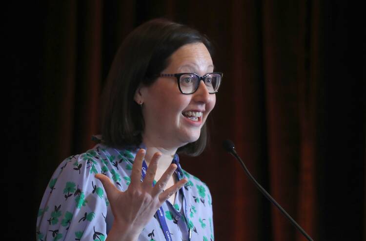 Kerry Weber, incoming president of the Catholic Media Association, and executive editor of America Magazine, speaks June 26, 2025, during the Catholic Media Conference in Phoenix. (OSV News photo/Bob Roller)