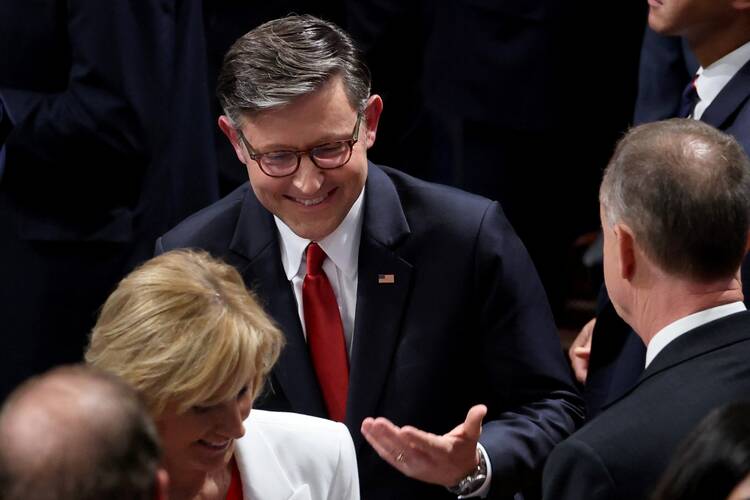 U.S. House Speaker Mike Johnson, R-La., speaks with other members of the House July 3, 2025, on Capitol Hill in Washington after final passage of U.S. President Donald Trump's sweeping spending and tax bill. (OSV News photo/Jonathan Ernst, Reuters)