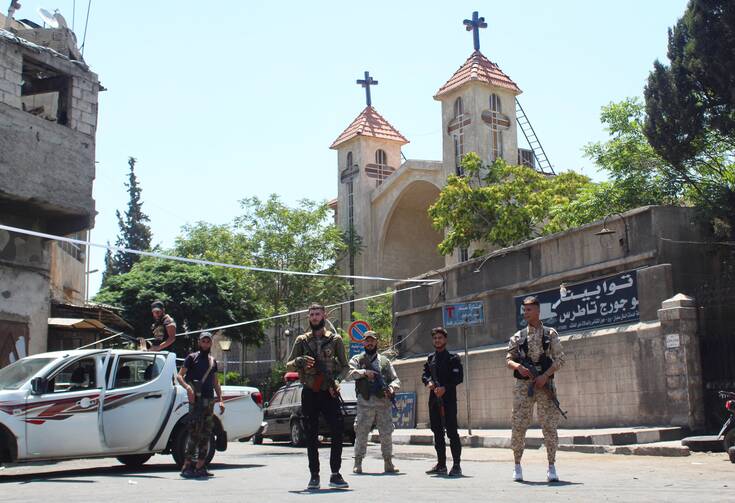 Syrian security forces secure the area near St. Joseph Church in the Bab-Sharqi neighborhood of Damascus, Syria June 23, 2025, following the June 22 suicide bombing at Mar Elias Church. (OSV News photo/Firas Makdesi, Reuters)