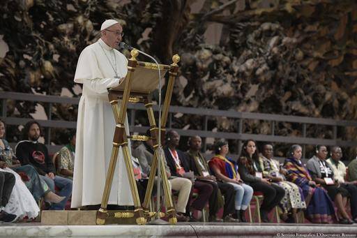 Pope Francis delivers his speech an audience with representatives of the popular movements at the Vatican Saturday, Nov. 5, 2016. (L'Osservatore Romano/Pool Photo via AP)