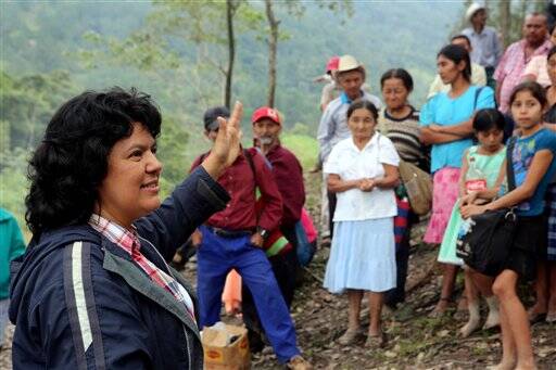 Berta Caceres speaks to people near the Gualcarque river located in the Intibuca department of Honduras. (Tim Russo/Goldman Environmental Prize via AP)