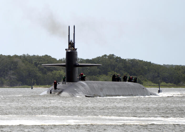 The Ohio-class ballistic-missile submarine USS Maryland (SSBN 738), Blue crew, returns to homeport at Naval Submarine Base Kings Bay, Ga., following a strategic deterrence patrol. Maryland is one of five ballistic-missile submarines stationed at the base and is capable of carrying up to 20 submarine-launched ballistic missiles with multiple warheads. (U.S. Navy photo by Mass Communication Specialist 1st Class Ashley Berumen/Released)