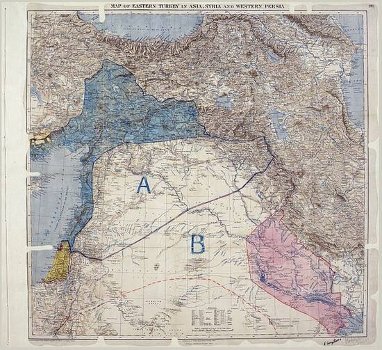 Map of Sykes–Picot Agreement showing Eastern Turkey in Asia, Syria and Western Persia, and areas of control and influence agreed between the British and the French. Royal Geographical Society, 1910-15. (Photo via Wikimedia Commons)