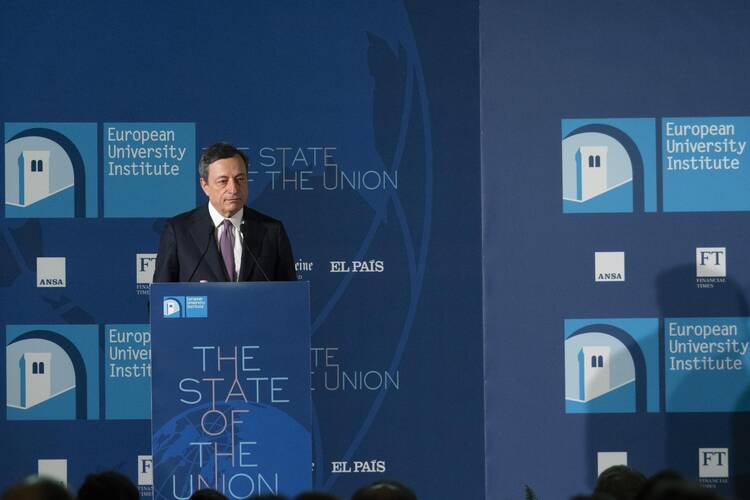 Mario Draghi, President of the European Central Bank, delivers his speech during the State of the Union conference organized by the European University Institute in Florence, Italy, Friday, May 11, 2018. (Claudio Giovannini/ANSA via AP)