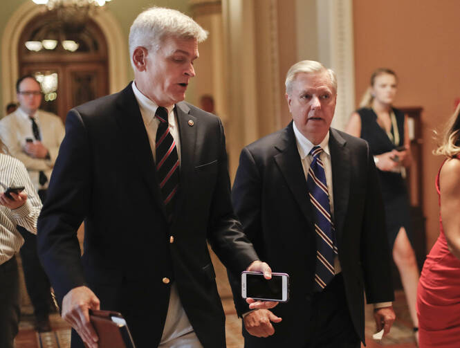 Sen. Bill Cassidy, R-La., left, and Sen. Lindsey Graham, R-S.C., right, talk while walking to a meeting on Capitol Hill in Washington in July. Senate Republicans are planning a final, uphill push to erase President Barack Obama's health care law. But Democrats and their allies are going all-out to stop the drive. (AP Photo/Pablo Martinez Monsivais, File)