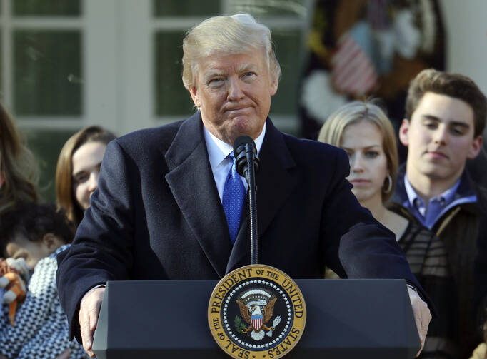 President Donald Trump addresses the 2018 March of Life from the Rose Garden of the White House in Washington. (AP Photo/Pablo Martinez Monsivais)