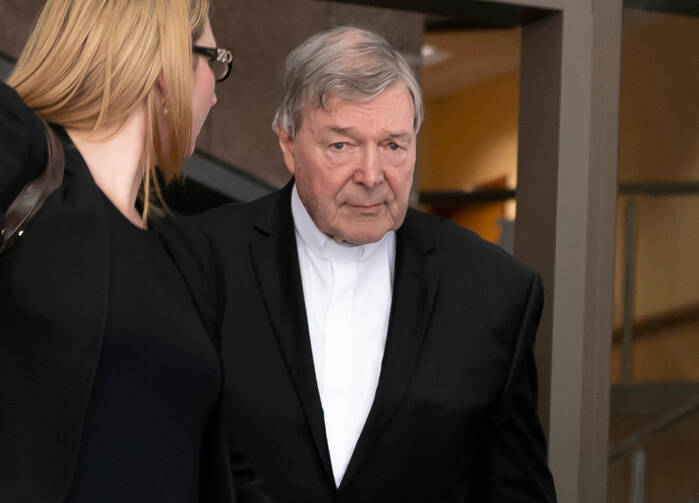 Australian Cardinal George Pell leaves the Melbourne Magistrate Court in Melbourne Tuesday, May 1, 2018. (AP Photo/Andy Brownbill)