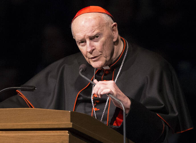 Cardinal Theodore Edgar McCarrick speaks during a memorial service in South Bend, Ind., in March 2015. McCarrick has been removed from public ministry, pending an investigation into allegations of sexual abuse. (Robert Franklin/South Bend Tribune via AP, Pool, File)