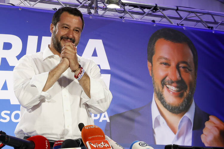 Italian Interior Minister and Deputy Prime Minister Matteo Salvini holds a press conference in Milan, Italy, on May 27, the day after elections for the European Parliament. (AP Photo/Antonio Calanni)