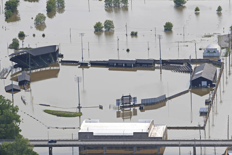 The site of Clemens Field baseball stadium in Hannibal, Mo., near the Mississippi River, on May 31.  (Jake Shane/Quincy Herald-Whig via AP)